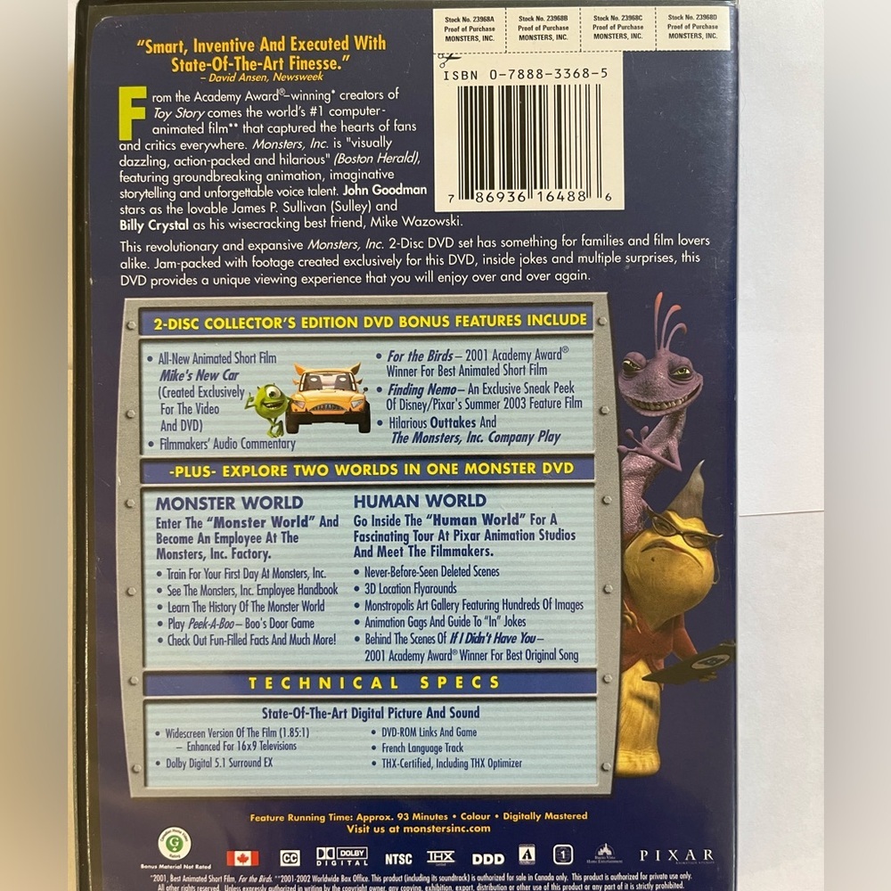 Monsters, Inc. (DVD, 2002, 2-Disc Set, Collectors Edition) - Picture 2 of 2